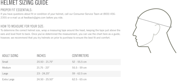 Таблица размеров велошлемов